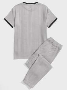 SHEIN Hombres Conjunto de pijama pantalones con top unido en contraste tejido de canalé - Gris Claro - Ver 2