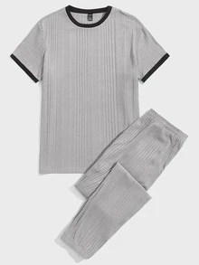 SHEIN Hombres Conjunto de pijama pantalones con top unido en contraste tejido de canalé - Gris Claro - Ver 4