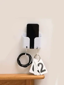 1pc Wall Mounted Storage Rack, Multifunction Phone Charging Rack With Hook For Home - White - View 1