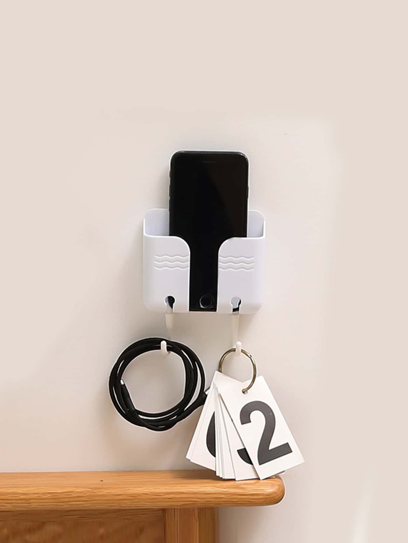 1pc Wall Mounted Storage Rack, Multifunction Phone Charging Rack With Hook For Home - White - View 1