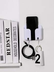 1pc Wall Mounted Storage Rack, Multifunction Phone Charging Rack With Hook For Home - White - View 5