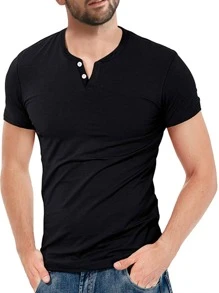 Hombres Camiseta unicolor de media tapeta con botón - Negro - Ver 1