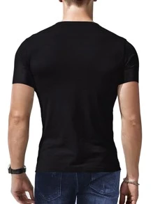 Hombres Camiseta unicolor de media tapeta con botón - Negro - Ver 2