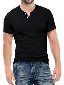 Hombres Camiseta unicolor de media tapeta con botón - Negro - Ver 3