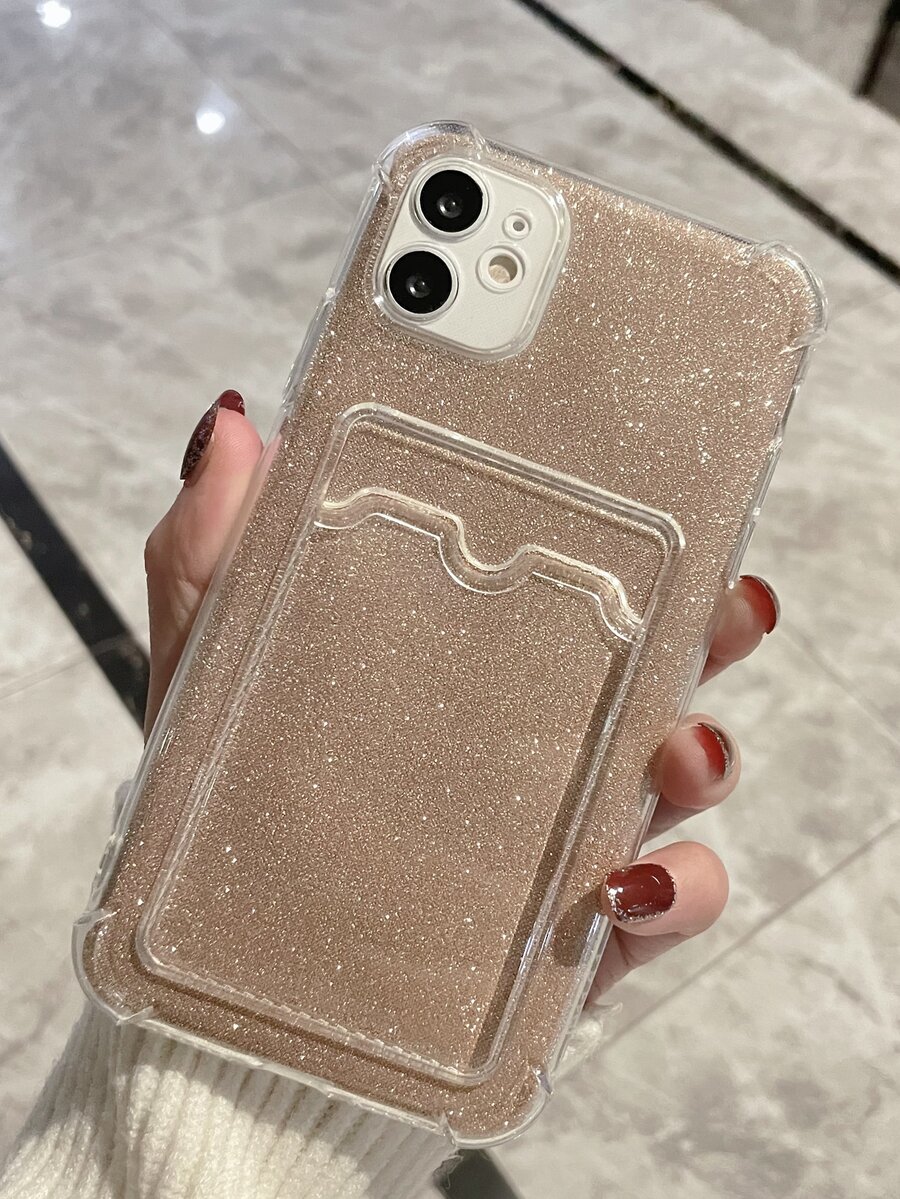 1pc High-transparency Four Corner Anti-drop Phone Case With Card Pocket And Glitter Card Sticker Compatible With iphone 14 Pro Max/15 Pro Max - Gold - View 1