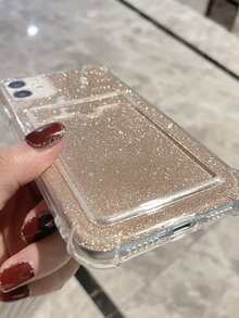 1pc High-transparency Four Corner Anti-drop Phone Case With Card Pocket And Glitter Card Sticker Compatible With iphone 14 Pro Max/15 Pro Max - Gold - View 2
