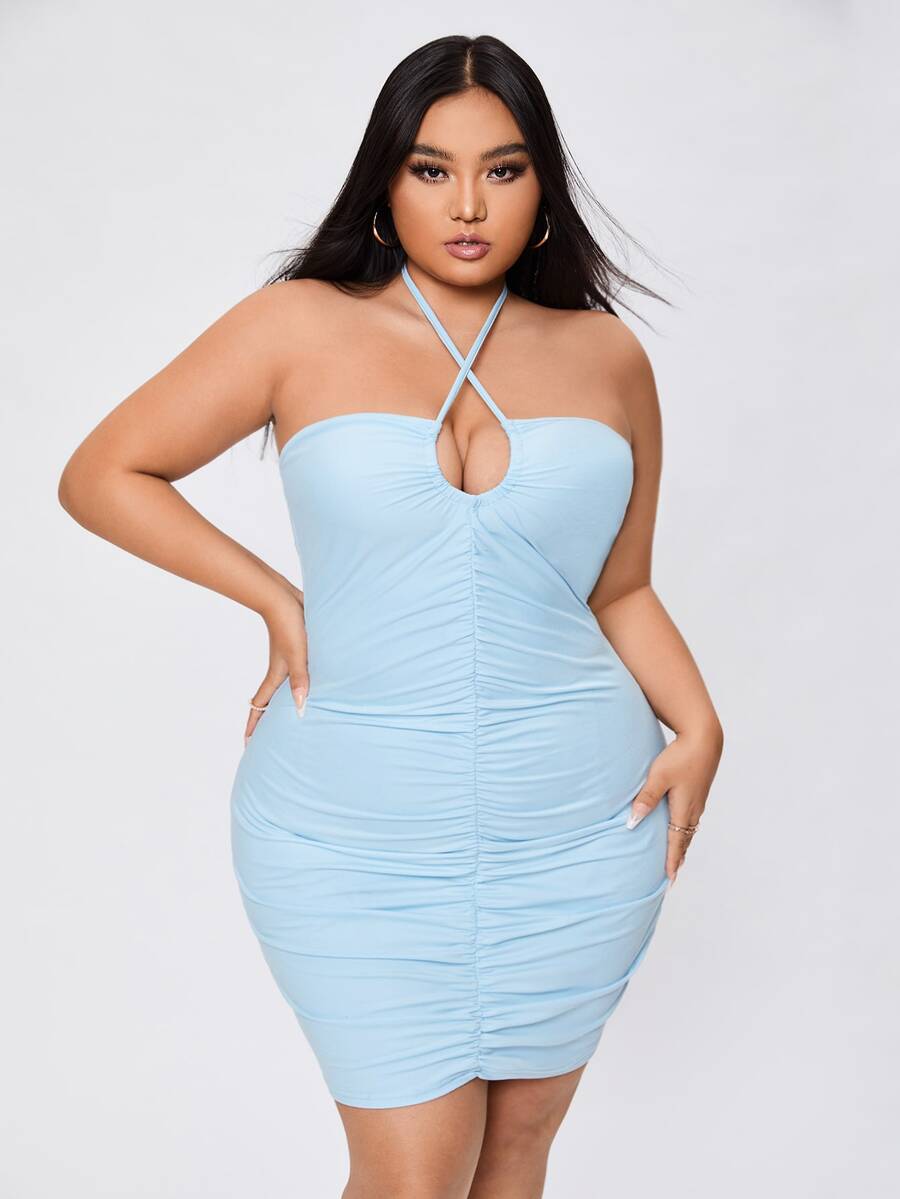 大碼露背十字交叉褶邊吊脖緊身洋裝 - 淺藍色 - 查看 1