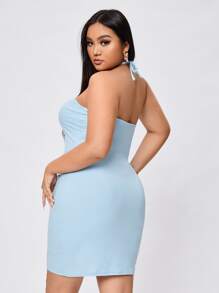 大碼露背十字交叉褶邊吊脖緊身洋裝 - 淺藍色 - 查看 2