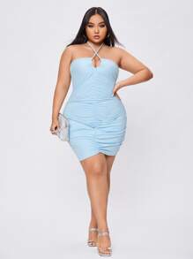 大碼露背十字交叉褶邊吊脖緊身洋裝 - 淺藍色 - 查看 3