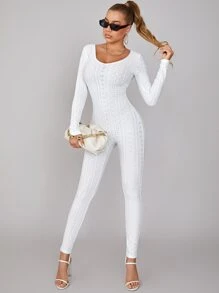SHEIN BAE 大圓領網眼針織彈力緊身連體褲 - 白色 - 查看 1