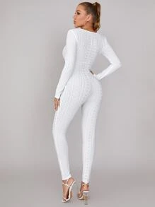 SHEIN BAE 大圓領網眼針織彈力緊身連體褲 - 白色 - 查看 2