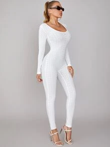 SHEIN BAE 大圓領網眼針織彈力緊身連體褲 - 白色 - 查看 5
