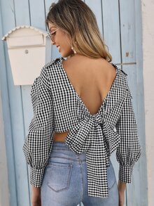 SHEIN Gingham Tie Front Two Way Crop Top - Black and White - View 2