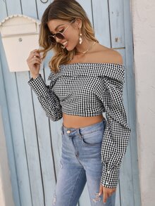 SHEIN Gingham Tie Front Two Way Crop Top - Black and White - View 3