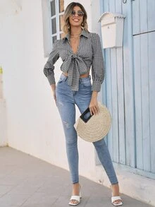 SHEIN Gingham Tie Front Two Way Crop Top - Black and White - View 6