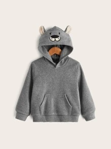 SHEIN 男童卡通刺绣袋鼠口袋3D耳朵设计抓绒卫衣 - 灰色 - 查看 1