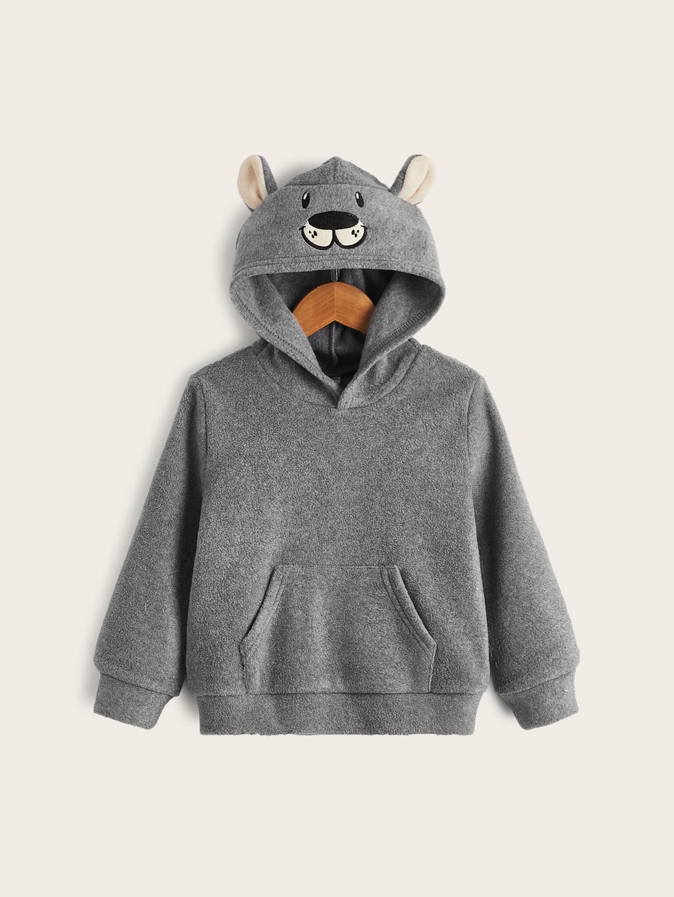 SHEIN 男童卡通刺绣袋鼠口袋3D耳朵设计抓绒卫衣 - 灰色 - 查看 1