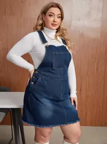 Đầm Denim kích thước lớn Nút màu trơn Giải trí - Rửa tối - Xem 1