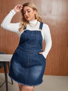 Đầm Denim kích thước lớn Nút màu trơn Giải trí - Rửa tối - Xem 3