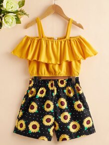 Niñas Top ribete con fruncido de hombros descubiertos & Shorts con estampado floral - Multicolor - Ver 1