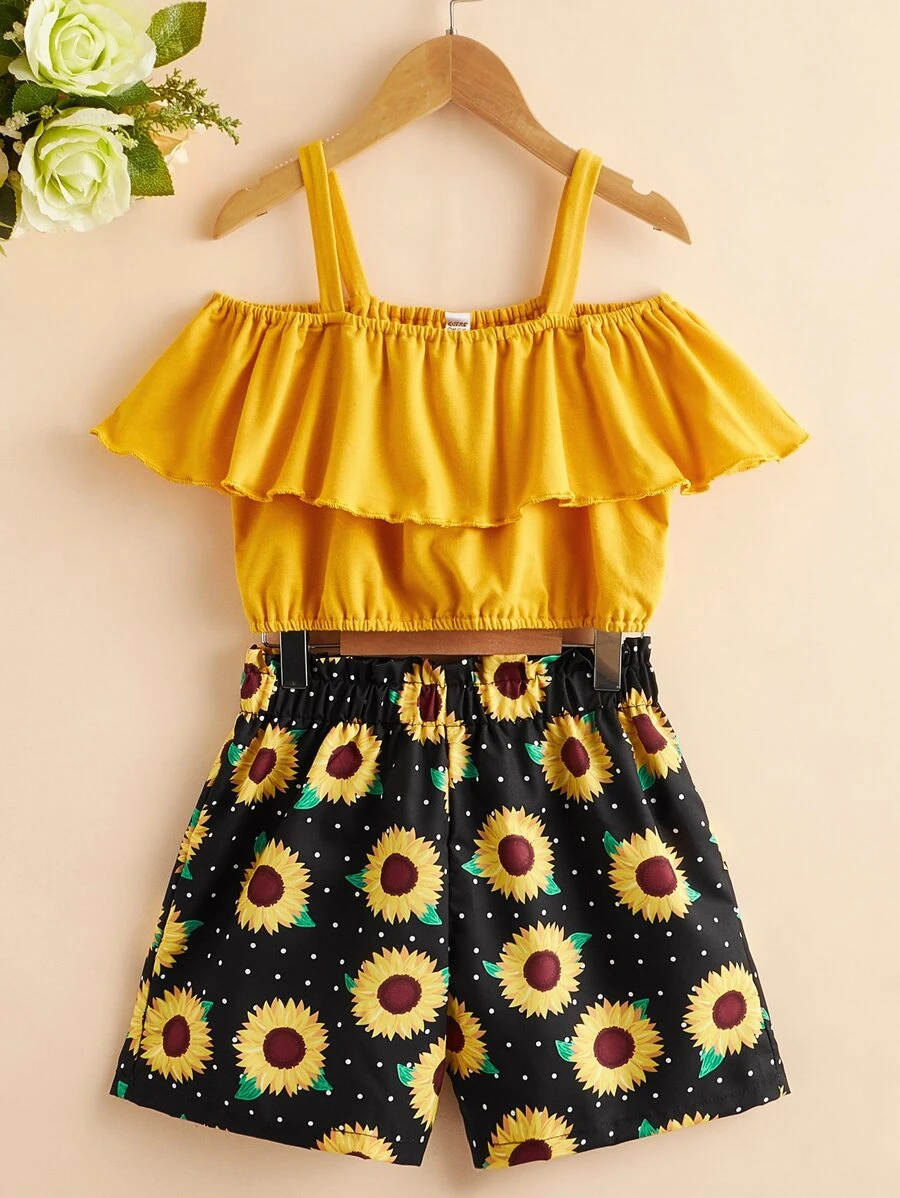Niñas Top ribete con fruncido de hombros descubiertos & Shorts con estampado floral - Multicolor - Ver 1