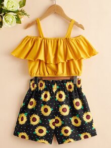 Niñas Top ribete con fruncido de hombros descubiertos & Shorts con estampado floral - Multicolor - Ver 2