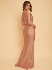 SHEIN Belle Solid Off Shoulder Split Thigh Dress - Apricot - View 2