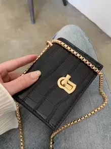 Bolso cuadrado con cierre de giro con estampado de cocodrilo miniatura - Negro - Ver 5