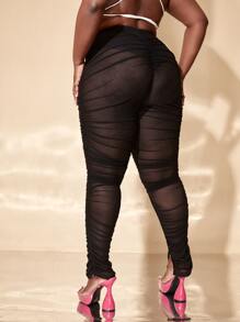 SHEIN SXY 大碼下擺開叉褶邊高腰網紗緊身打底褲 - 黑色 - 查看 2