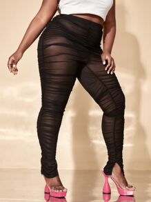 SHEIN SXY 大碼下擺開叉褶邊高腰網紗緊身打底褲 - 黑色 - 查看 4