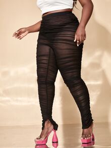 SHEIN SXY 大碼下擺開叉褶邊高腰網紗緊身打底褲 - 黑色 - 查看 5