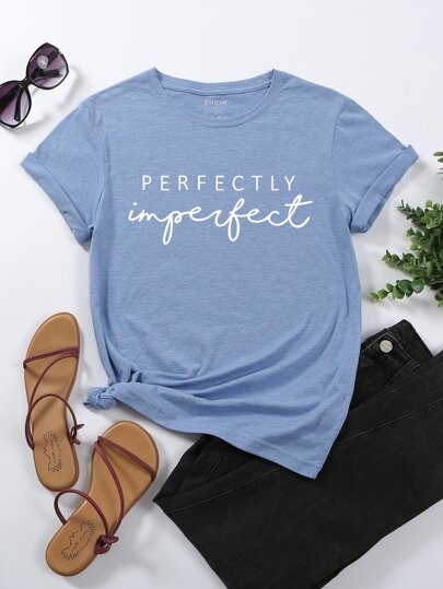 INAWLY 字母图案圆领 T 恤 图案 T 恤 女式上衣