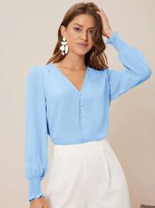 SHEIN Privé V-neck Shirred Button Detail Top - Baby Blue - View 1