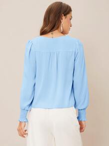 SHEIN Privé V-neck Shirred Button Detail Top - Baby Blue - View 2