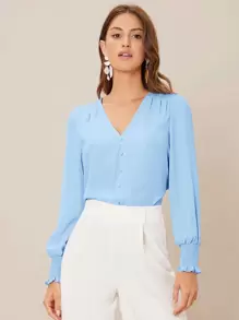 SHEIN Privé V-neck Shirred Button Detail Top - Baby Blue - View 3