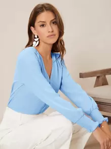 SHEIN Privé V-neck Shirred Button Detail Top - Baby Blue - View 5