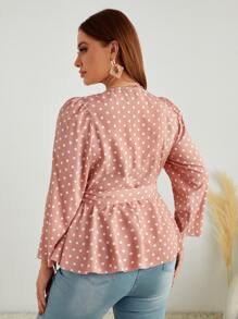 Plus Polka Dot Puff Sleeve Wrap Knot Side Blouse - Dusty Pink - View 2
