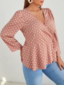 Plus Polka Dot Puff Sleeve Wrap Knot Side Blouse - Dusty Pink - View 3