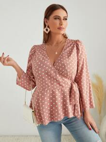 Plus Polka Dot Puff Sleeve Wrap Knot Side Blouse - Dusty Pink - View 5