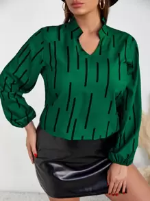 SHEIN Unity 大碼圖案印花缺口領燈籠袖襯衫 - 綠色 - 查看 1