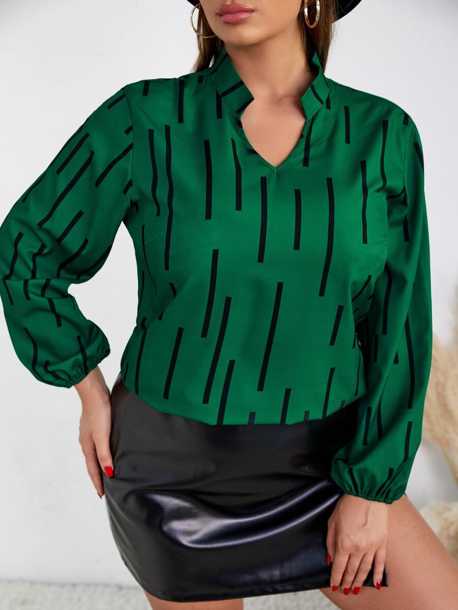 SHEIN Unity 大碼圖案印花缺口領燈籠袖襯衫 - 綠色 - 查看 1