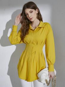 Mulvari Drop Shoulder Plicated Waist Shirt Without Belt - Yellow - View 1