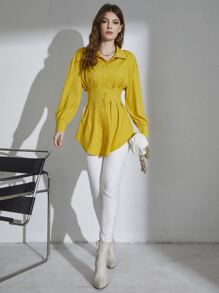 Mulvari Drop Shoulder Plicated Waist Shirt Without Belt - Yellow - View 4