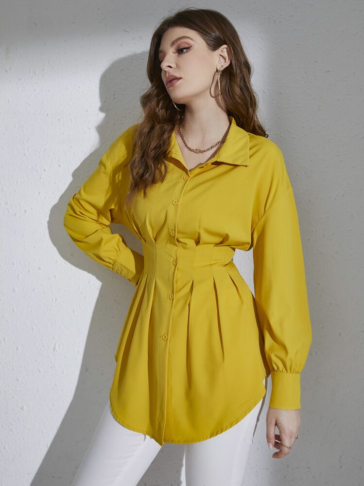 Mulvari 落肩袖褶皺面料腰不附腰帶襯衫 - 黃色 - 查看 5