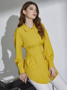 Mulvari Drop Shoulder Plicated Waist Shirt Without Belt - Yellow - View 6