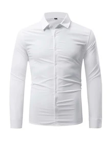 Manfinity Mode Nam Nút Phía Trước Slim Fit Dài Tay Lên Trơn Toàn Màu Trắng Công Sở Sơ Mi Công Sở - trắng - Xem 1
