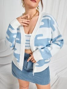 Cộng với kích thước áo len co-ords Gân đan Tất cả trên in Giải trí - Xanh và trắng - Xem 1