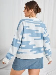 Cộng với kích thước áo len co-ords Gân đan Tất cả trên in Giải trí - Xanh và trắng - Xem 2