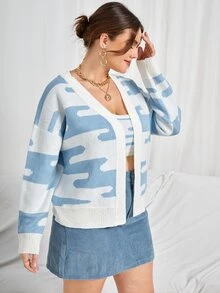 Cộng với kích thước áo len co-ords Gân đan Tất cả trên in Giải trí - Xanh và trắng - Xem 4