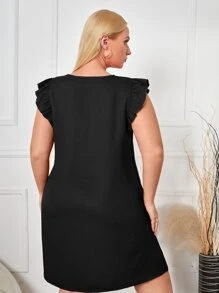 SHEIN Clasi Plus V Neck Ruffle Trim Tunic Dress - Black - View 2